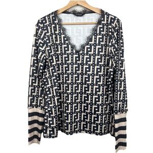 ChicMe Eyelash Blouse Size Large Greek Key‎ Striped Black Tan Office Corpcore
